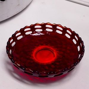 VTG Fenton Ruby Amberina Basket Weave Bowl Red Glass Pedestal.